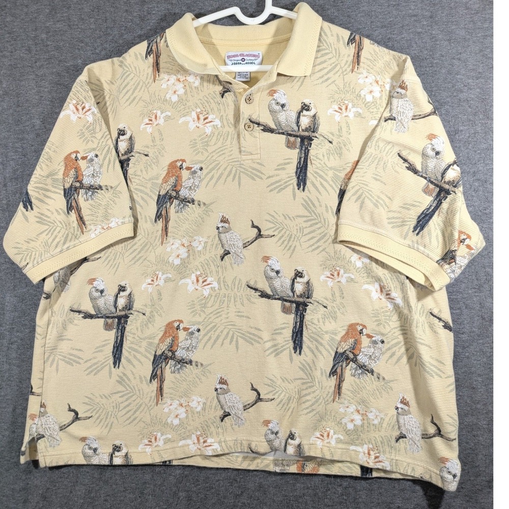 Boca Classics Yellow Tropical Bird Parrot Cotton Corded Polo Shirt Size 3XL
